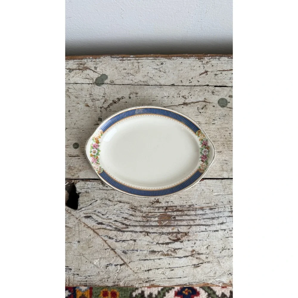 Taylor Smith Taylor USA Vintage Oval Floral Serving Dish Cobalt Blue Stripe 7in
